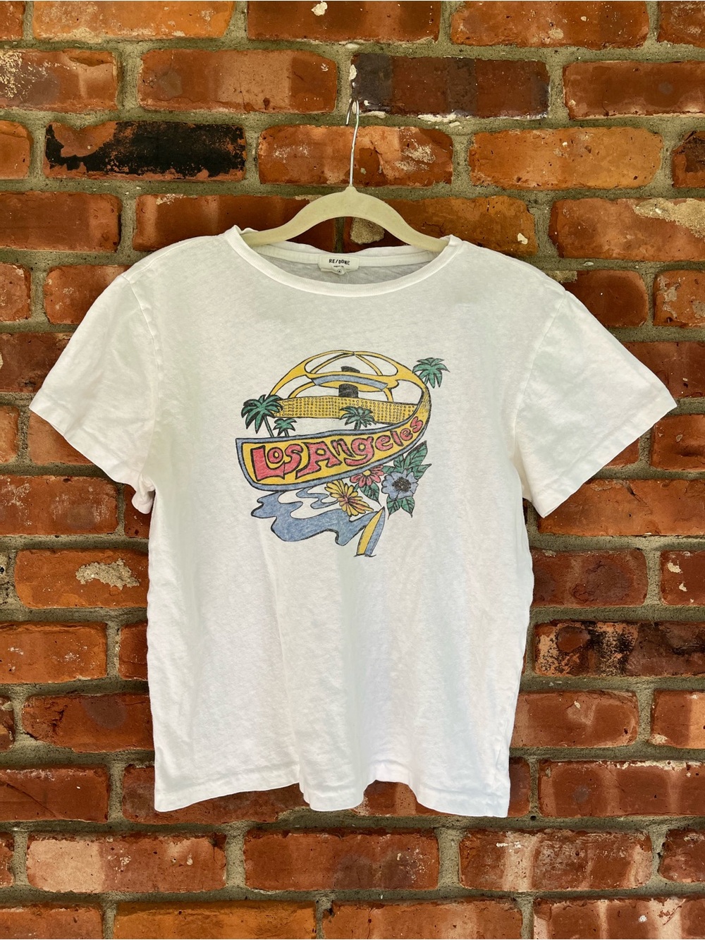 Re/Done White Crew Tee with Los Angeles Graphic